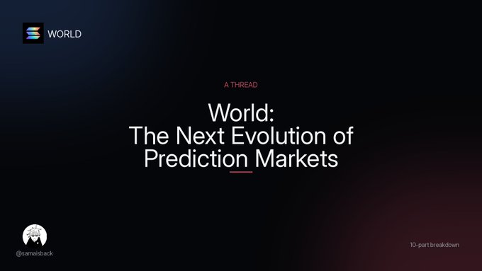 A presentation slide titled 'World: The Next Evolution of Prediction Markets' includes the text 'A THREAD', a 'WORLD' logo, the Twitter handle '@tamaisback', and notes it is a '10-part breakdown'.