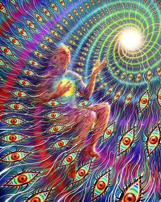 A vibrant psychedelic illustration of a person floating among a sea of peacock feather eyes, reaching out toward a bright swirling sun.