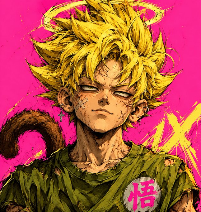An anime-style illustration of a Super Saiyan character with a tail and halo, set against a pink background with a '悟' (Goku) kanji symbol.