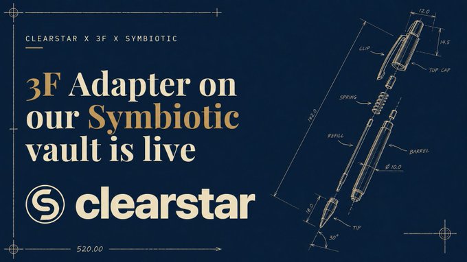 A dark blue promotional graphic for Clearstar features a technical diagram of a pen with labeled parts (Clip, Top Cap, Spring, Refill, Barrel, Tip) alongside text reading 'CLEARSTAR X 3F X SYMBIOTIC', '3F Adapter on our Symbiotic vault is live', and the Clearstar logo.