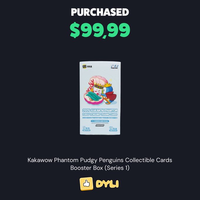 The image shows a purchase confirmation for a Kakawow Phantom Pudgy Penguins Collectible Cards Booster Box (Series 1) for $99.99 from OMLI, celebrating the poster's exciting milestone of acquiring this collectible item.