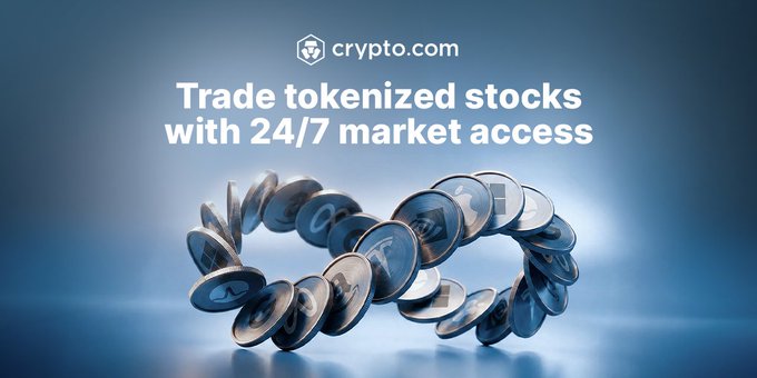 The image is a screenshot of a website called Crypto.com, featuring an advertisement for Trade tokenized stocks. The poster has blue and green colors against a white background. The text reads "Trade tokenized stocks with 24/7/365 Get up to 4% p.a. rewards with Stocks Earn tokens backed 1:1 and held in U.S. custody Pay zero". This suggests that users can buy, sell, or trade these trading tokens on the website, allowing them to access various stock options such as Bitcoin, Microsoft, Apple, and more. The advertisement aims to attract potential customers interested in cryptocurrency trading and investing opportunities.
