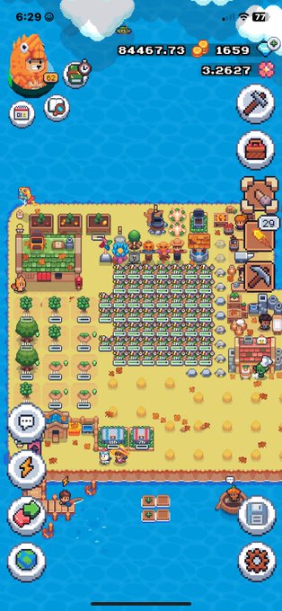 A mobile island-building game showing a sandy island populated with crops, numerous coneflower fields, workers, and resource counters displaying '84467.73' coins, '1659' wood, and '3.2627' gems at the top.