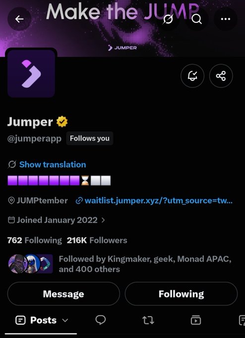 The image shows the X/Twitter profile page of **Jumper (@jumperapp)**, a verified crypto project with 216K followers that joined in January 2022. The caption connects to the post by visually confirming that the user has indeed received the "follows you" status from Jumper — the very blessing the poster is manifesting for their internship hopes and allocation.