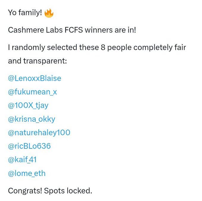 A social media announcement post listing 'Cashmere Labs FCFS winners' with 8 randomly selected Twitter/X handles including @LenoxxBlaise, @fukumean_x, @100X_tjay, and others, ending with 'Congrats! Spots locked.'