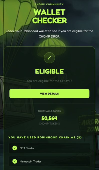A screenshot from the Chomp Community Wallet Checker displays "ELIGIBLE" status, showing a token allocation of 50,564 CHOMP tokens for a user who traded NFTs and memecoins on Robinhood Chain, corresponding to the post's promotion of checking wallet eligibility at check.chompcoin.fun.