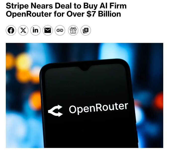 A news headline announcing "Stripe Nears Deal to Buy AI Firm OpenRouter for Over $7 Billion" displayed above an image of a smartphone showing the OpenRouter logo, which the accompanying post celebrates as evidence of Alex Atallah's entrepreneurial success following his departure from OpenSea.
