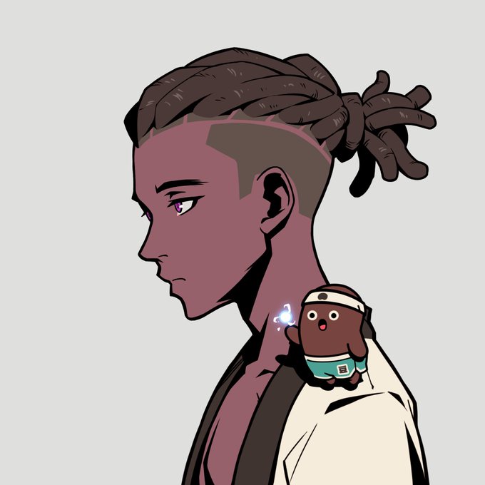 An illustration of a person in profile with braided hair wearing a white shirt, accompanied by a small cartoon character on their shoulder.