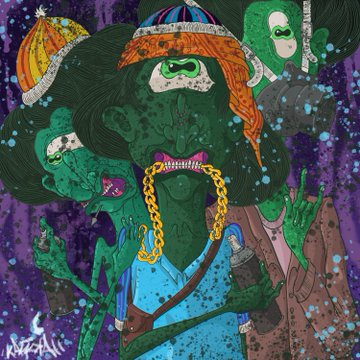 A vibrant, stylized digital artwork of a green-skinned figure with multiple faces, wearing gold chains and a crown, surrounded by other figures against a cosmic purple background.