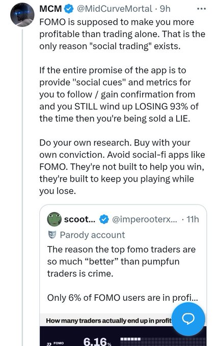 A tweet from @MidCurveMortal argues that FOMO and social trading apps are misleading, claiming only 6% of FOMO users profit and that such platforms are designed to keep users playing while they lose. The accompanying post highlights the irony of the pumpfun vs fomo feud, noting that accusations fly both ways while most crypto users aren't profitable regardless of platform.