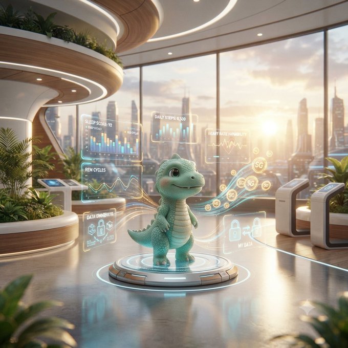 A cute turquoise dinosaur standing on a circular platform in a modern high-rise with city views, surrounded by holographic health data panels showing 'SLEEP SCORE 92', 'DAILY STEPS 8,500', 'REM CYCLES', 'HEART RATE VARIABILITY', 'DATA COMPOSITE', and 'MY DATA'.