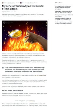 A news article from CoinDesk titled 'Mystery surrounds why an OG burned $1M in Bitcoin' featuring an image of a Bitcoin being roasted over an open flame.