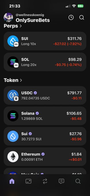 The image shows an iPhone screen displaying various cryptocurrency transactions, including Bitcoin, Ethereum, and Ripple. The screen also has a social media app with a post that says "Focus sui and Solana thank you later will do nice $sui airdrop for all follower from my profits if we break not want keep a win". This post is related to the image because it features cryptocurrency transactions and mentions Bitcoin, Ethereum, and Ripple. The focus on these cryptocurrencies could be an advertisement or promotion for one of them.