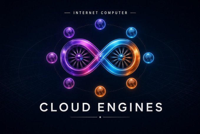 A promotional graphic for 'INTERNET COMPUTER CLOUD ENGINES' featuring a colorful, glowing neon infinity symbol surrounded by smaller orbs against a dark background.