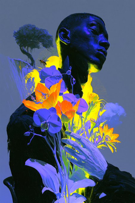 A striking digital portrait of a person with blue-tinted skin emerging from a vibrant bouquet of orange, purple, and yellow flowers, with a small bonsai tree and sunburst on their shoulder.