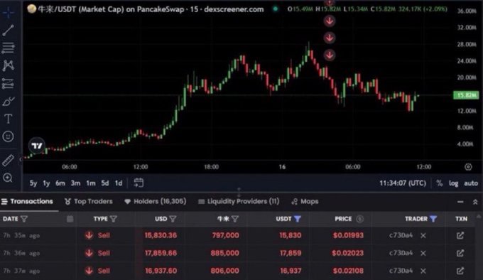 A Dextscreen chart shows the $CATE/USDT pair on PancakeSwap trading at $15.92M with a 24.17% gain, while recent large sell transactions of over 15,830 USDT are logged below, suggesting the trader is taking profits on a call that turned $20 into $250,000.