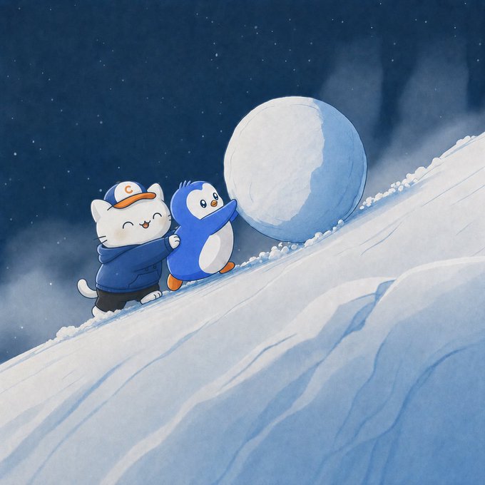 A cartoon white cat wearing a "C" cap and a blue penguin joyfully push a giant snowball up a snowy hill together, their teamwork embodying the encouraging spirit of "Keep going chum."