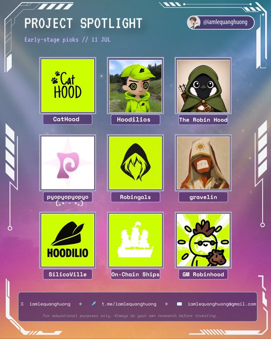 A 'PROJECT SPOTLIGHT' graphic dated 11 JUL by @iamlequanghuong showcasing early-stage crypto/NFT projects including CatHood, Hoodilios, The Robin Hood, pyopyopyo, Robingals, gravelin, SilicoVille, On-Chain Ships, and GM Robinhood.
