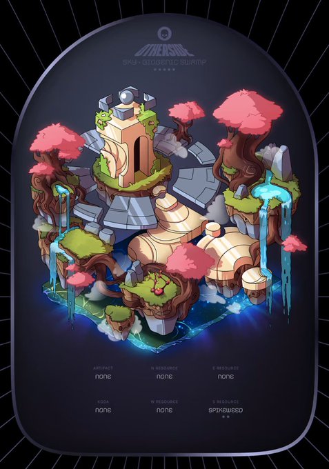 The image showcases a vibrant Sky 🌌 Alien Worlds NFT deed featuring floating islands with pink trees, waterfalls, and a central structure labeled "TREASU - SKY: ALIENATIC SWAMP," with resource tags including "G RESOURCE: SPARKWEED" displayed below. The post's reference to Element 115 and hovering alien creatures ties into the sci-fi, extraterrestrial theme of this unique deed, hinting at its potential to host rare alien-based NFTs.