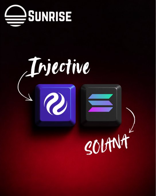 Sunrise branding with arrows linking the Injective logo (labeled 'Injective') to the Solana logo (labeled 'SOLANA') on a dark red gradient background.
