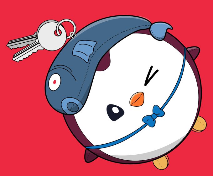 A cartoon penguin character with a fish-shaped hat and keys attached, winking playfully against a red background, representing the Pudgy Penguins NFT collection featured in the tweet.