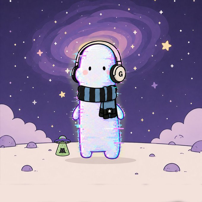 A cute, pixelated ghost-like character wearing headphones with a 'G' logo and a striped scarf stands on a moon-like surface beneath a swirling purple galaxy and stars.