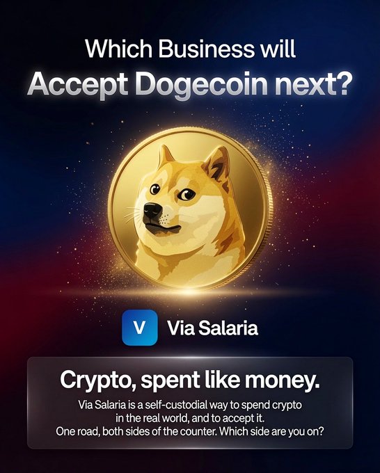 A promotional graphic asking 'Which Business will Accept Dogecoin next?' featuring a gold Dogecoin coin with a Shiba Inu dog design, promoting 'Via Salaria' as a self-custodial way to spend crypto.