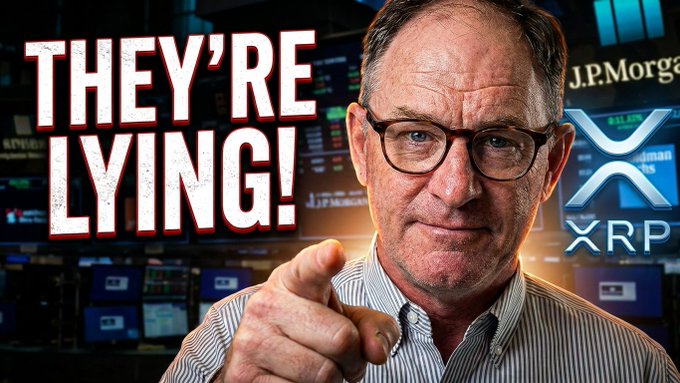 The image features a man wearing glasses, pointing at something with his finger while reading text that says "They're lying!" above him. The background of the image shows a stock market scene with various stock ticker symbols visible.