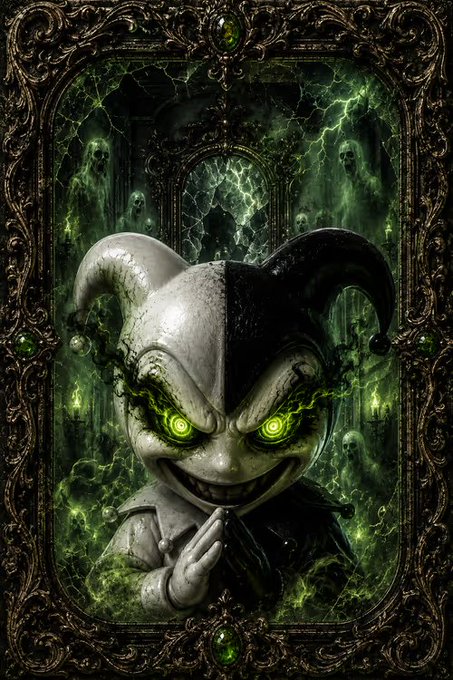 A menacing jester with glowing green eyes and a cracked, sinister grin is framed within an ornate gothic border, surrounded by ethereal green specters and lightning. The image visually represents the "JPEG Jokers" NFT collection referenced in the post, capturing the dark, eerie aesthetic that likely defines these digital collectibles now trading at a 0.01 ETH floor price.