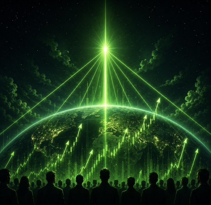 Silhouettes of people stand watching a glowing green Earth beneath a bright starburst, with financial charts and upward arrows overlaid on the planet.