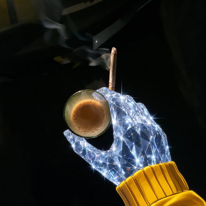 An artistic digital illustration of a sparkling diamond-like hand holding a small glass of tea with incense smoke.