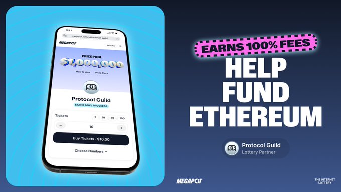 The image features a cell phone with an advertisement for a cryptocurrency called Ethereum. The phone displays a message that encourages users to try out the cryptocurrency by purchasing tickets or signing up through a specific page, which can be found at megapot.io/fund/pg. The text on the screen reads "Help fund etherium", and it also mentions that the user's contribution will go towards supporting the development of the Ethereum protocol.