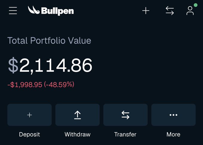 The image shows a Bullpen portfolio dashboard displaying a Total Portfolio Value of $2,114.86 with a significant loss of -$1,998.95 (-48.59%), featuring Deposit, Withdraw, Transfer, and More options.

The screenshot illustrates the aftermath of a risky crypto investment, with the user reflecting on how many long-awaited utility projects failed their communities while highlighting how $ANSEM stood apart by actually delivering value to holders rather than letting teams profit at investors' expense.