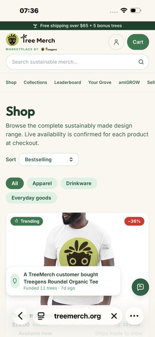 A mobile screenshot of the Tree Merch website (treemerch.org) showing the Shop page with categories like Apparel and Drinkware, featuring a 'Treegens Roundel Organic Tee' marked as Trending and -36% off, with a notification that 'A TreeMerch customer bought Treegens Roundel Organic Tee.'