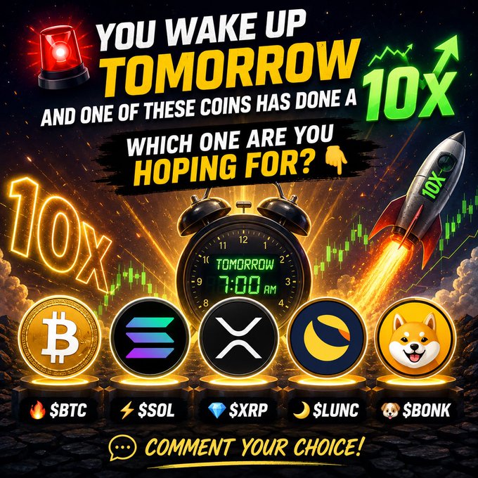 A vibrant crypto promotional graphic with text 'YOU WAKE UP TOMORROW AND ONE OF THESE COINS HAS DONE A 10X — WHICH ONE ARE YOU HOPING FOR?' featuring logos and tickers for $BTC, $SOL, $XRP, $LUNC, and $BONK.