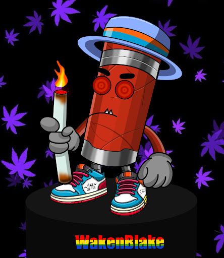A cartoon character labeled 'WakenBlake' is depicted as a red dynamite stick wearing a hat, sunglasses, and colorful sneakers, holding a lit match.