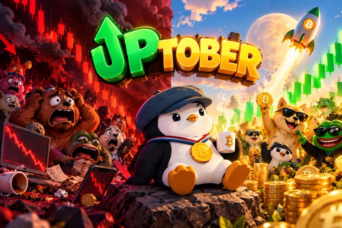 A colorful "UPTOBER" crypto promotional graphic featuring a cartoon penguin in a flat cap holding a Bitcoin coin, surrounded by other animal characters, a rocket, and candlestick charts.