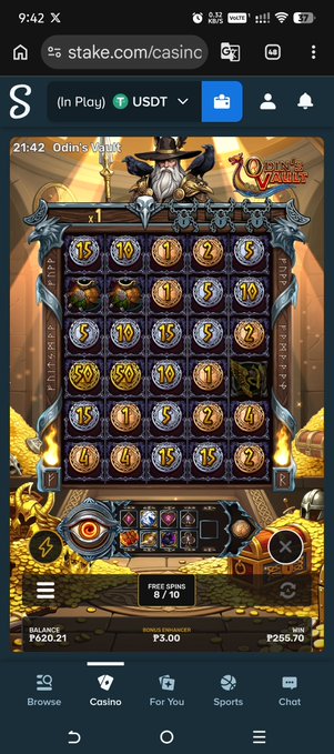 A screenshot of a mobile device displaying the stake.com casino website, playing a slot game called "Odin's Wealth" with a balance of ₱620.21 and a free spin cost of ₱3.00.
