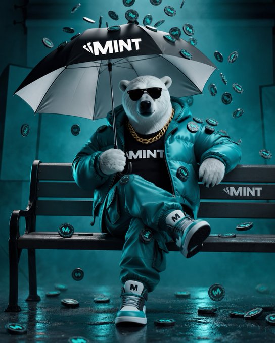 A 3D-rendered polar bear wearing sunglasses, a teal tracksuit, and a gold chain sits on a park bench holding a black umbrella branded with the 'MINT' logo, surrounded by falling teal 'M' tokens.