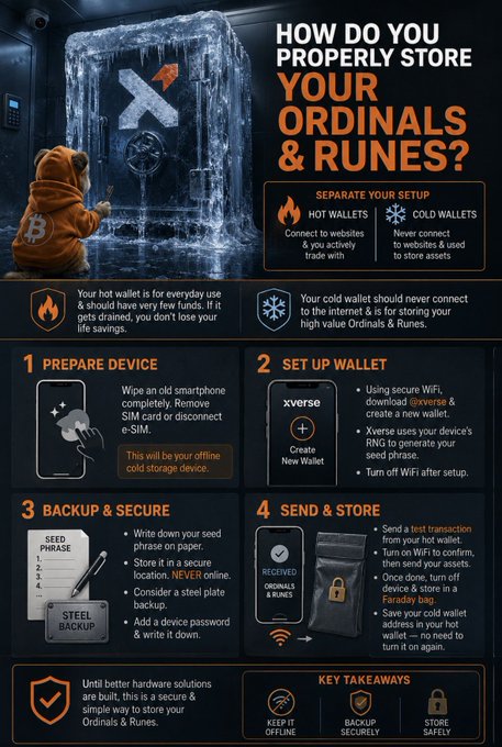 An infographic titled 'HOW DO YOU PROPERLY STORE YOUR ORDINALS & RUNES?' featuring a bear mascot behind a vault, with sections on separating hot and cold wallets, device preparation using 'Xverse,' backing up seed phrases to 'STEEL BACKUP,' and storing items in a 'Faraday bag.'
