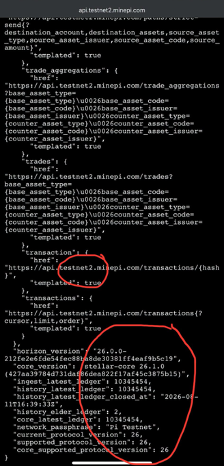 A mobile screenshot showing JSON code from api.testnet2.minepi.com, with red circles highlighting sections related to 'templated': true parameters and the 'horizon_version' '26.0.0' data including 'history_latest_ledger' and protocol version details.