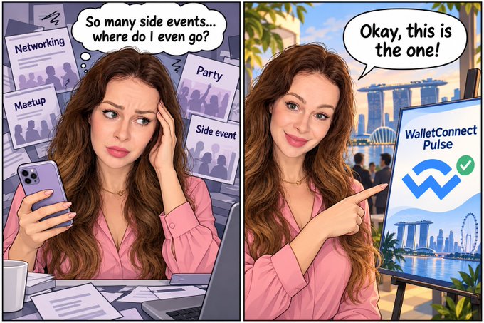 A two-panel comic showing a woman overwhelmed by side events (Networking, Meetup, Party, Side event), then excited and pointing at a screen displaying 'WalletConnect Pulse' with a Singapore skyline in the background.