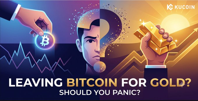 The image is a KuCoin blog thumbnail titled "LEAVING BITCOIN FOR GOLD? SHOULD YOU PANIC?" featuring an illustration of a man with a split face—symbolizing indecision—with a hand holding a Bitcoin coin on the blue/left side and gold bars on the golden/right side, visually representing the post's theme of weighing whether investors should rotate capital from Bitcoin into gold based on the veteran trader's tactical analysis.