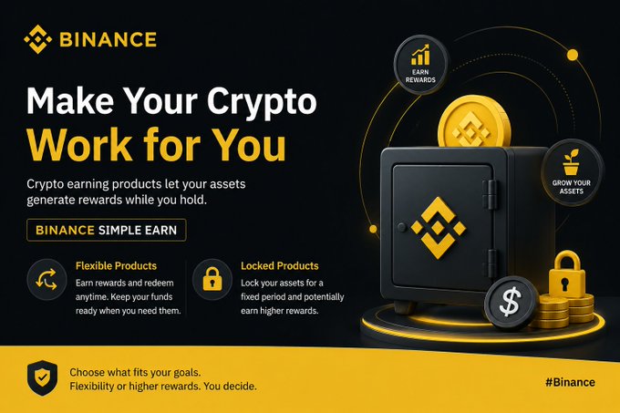 The image is a Binance promotional graphic for "Binance Simple Earn" with the headline "Make Your Crypto Work for You," featuring a safe with the Binance logo alongside coins and icons highlighting "Earn Rewards" and "Grow Your Assets," while explaining two product options—Flexible Products (earn and redeem anytime) and Locked Products (fixed period with potentially higher rewards). The visual reinforces the post's message by illustrating how idle crypto assets can be put to work through earning products, contrasting the image of a secure safe (storage) with growing rewards (active growth).