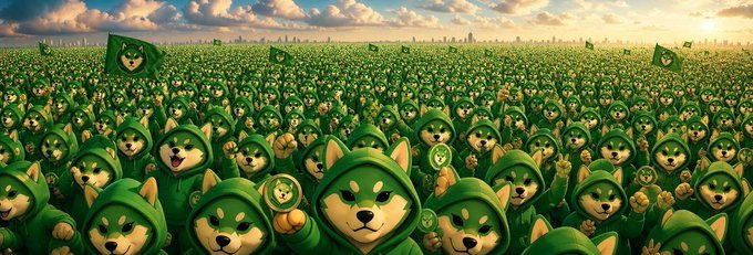 A vast crowd of cartoon-style Shiba Inu dogs wearing green hooded outfits holds flags and megaphones in an open field.