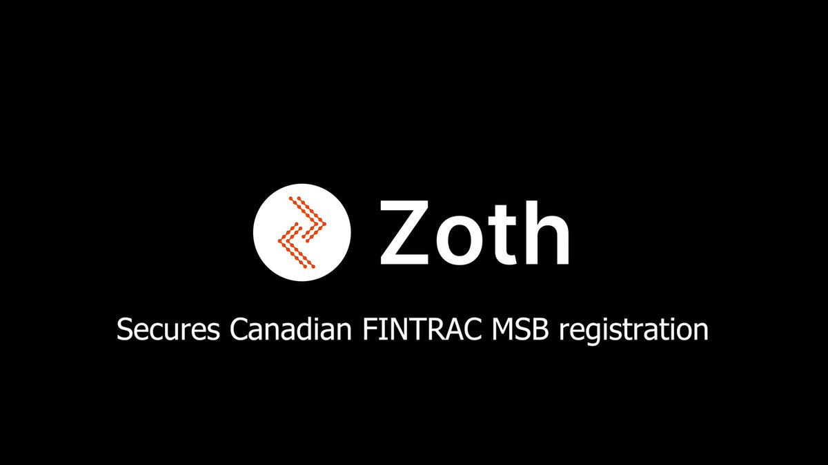 The image features a logo with the words "Zoth" written in white letters, which are red and orange circles connected by lines. The text below the logo reads "Secures Canadian FINTRAC MSB registration", indicating that the company is offering financial services related to the FINTRAC MSB registration process.