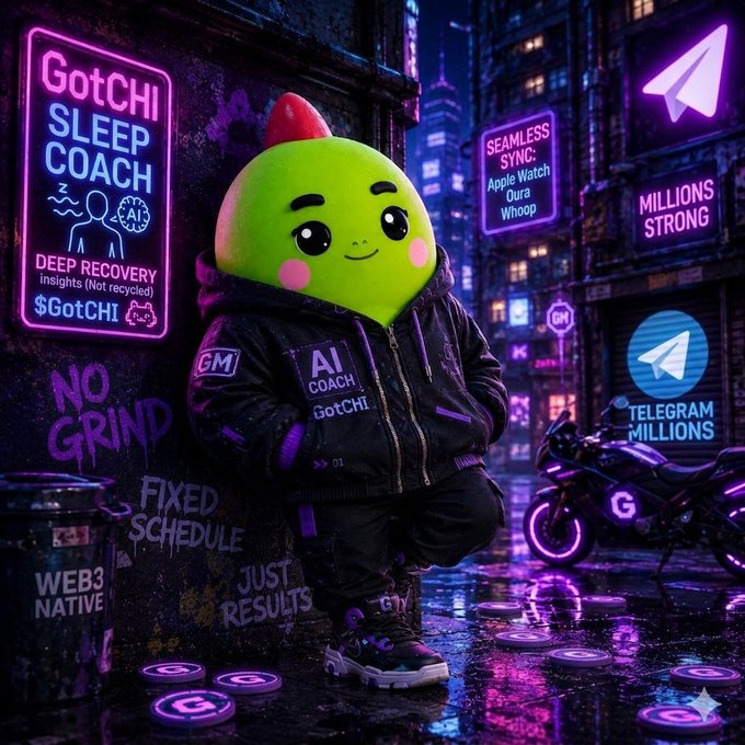 The image features a green character, likely a frog or a monster, standing next to a motorcycle with neon lights. The character appears to be wearing a jacket and has a smile on its face. The background includes various signs and advertisements for different businesses such as "GOTCHI Sleep Coach", "No Grind", and "GMP". There are also some text elements in the image that read "Quick thoughts after reviewing @sleepagotchi over the past few days. Unlike a lot of recent Move-to-Earn experiments this one has a remarkably strong retention loop: Actionable AI Feedback: The updated AI Sleep Coach provides genuine data-driven".