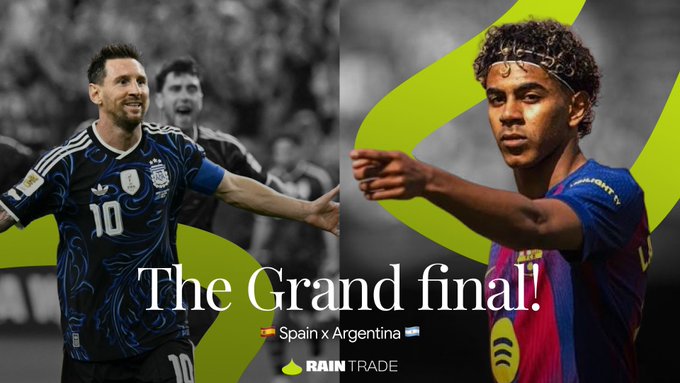 A promotional graphic for 'The Grand final!' between Spain and Argentina featuring Lionel Messi and Lamine Yamal, branded with 'Rain Trade'.