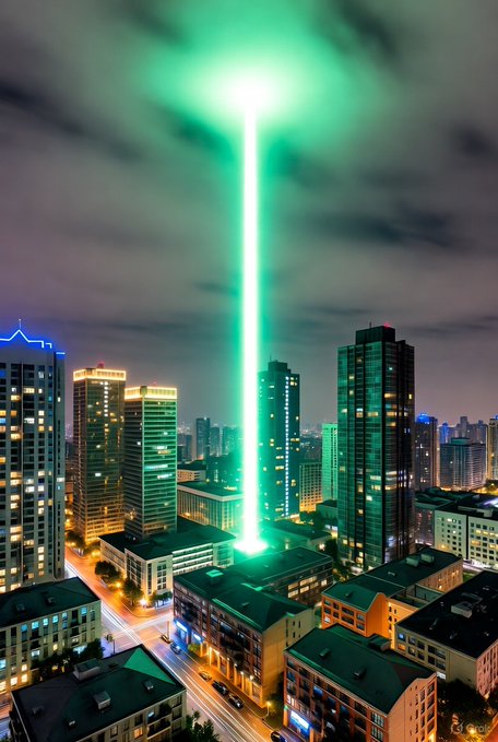Stylized cityscape at night with a large glowing green laser beam shooting upward from between skyscrapers into the clouds.