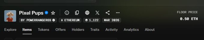 A screenshot of the Pixel Pups NFT collection page on OpenSea shows a floor price of 0.50 ETH, 1,122 items, and an Ethereum contract, with the "Items" tab selected—reflecting the post's discussion of Pixel Pups trading at 0.5 ETH alongside Stonk Brokers at 13+ ETH.